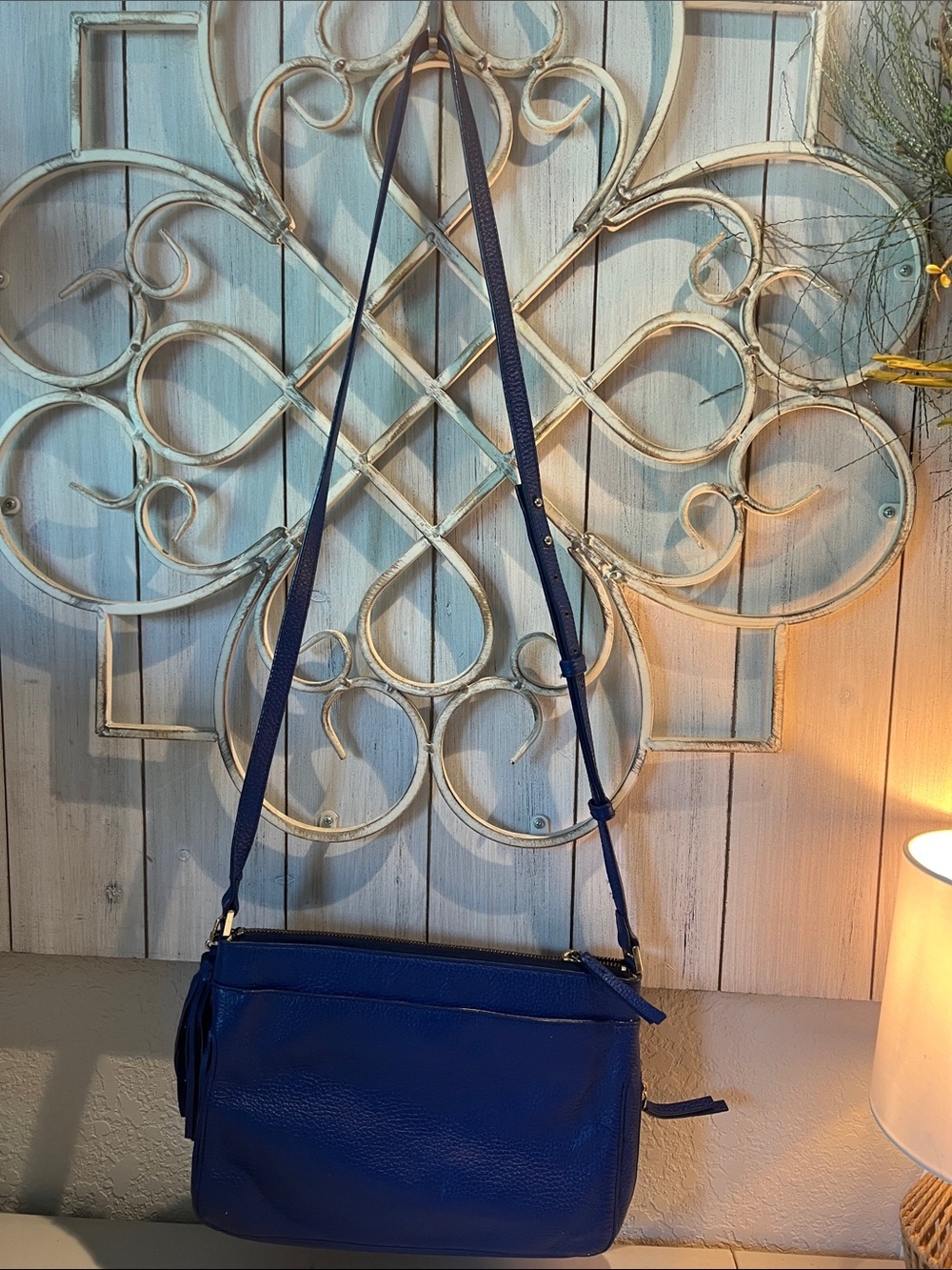 Halogen Cobalt Blue Pebbled Leather Crossbody Bag with Leather Tassel Charm